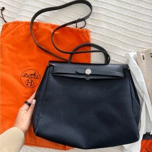 Hermes Handbag Herbag Her Bag PM Toile Ash Black Silver Hardware